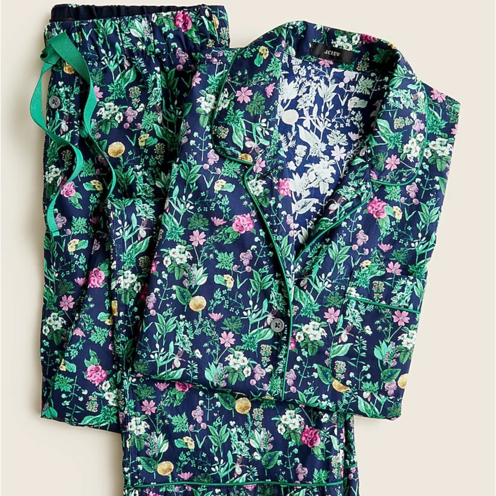 J. Crew Navy Floral Cotton Pajama Set with Green Trim